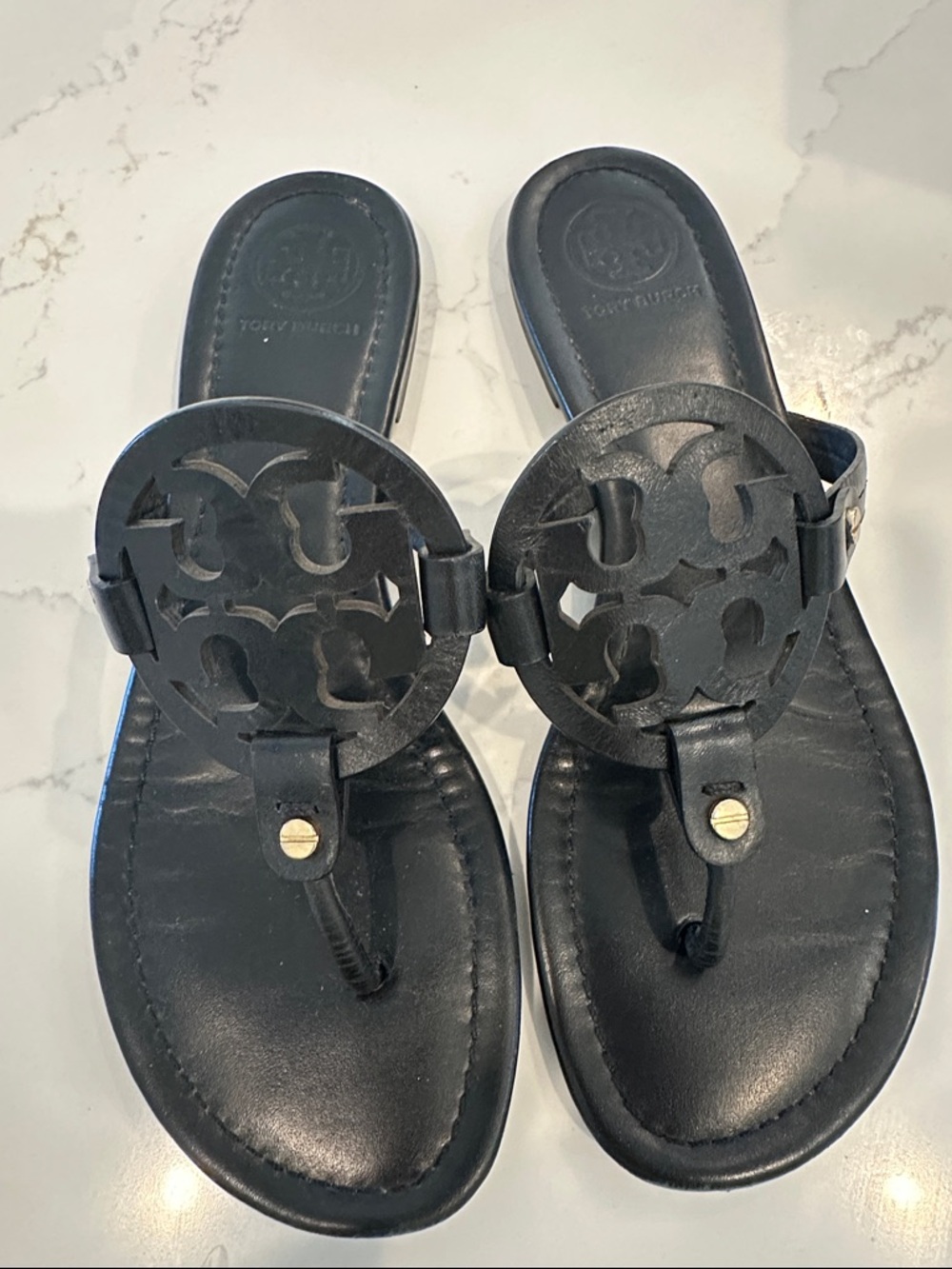 Tory Burch Black Miller Sandals Leather Size 9 1/2